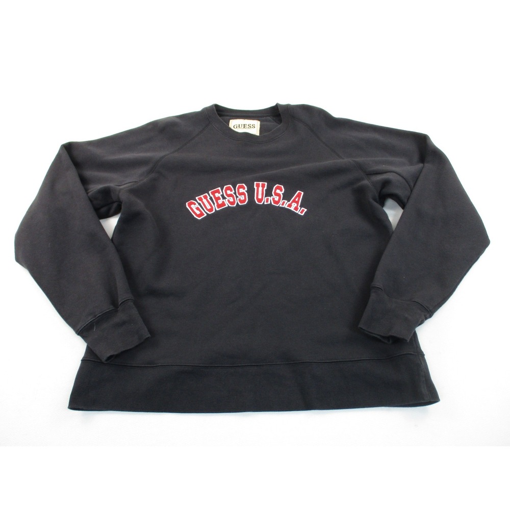Guess Sweater Mens XL Black Vintage USA Embroidered Logo Raglan Pullover